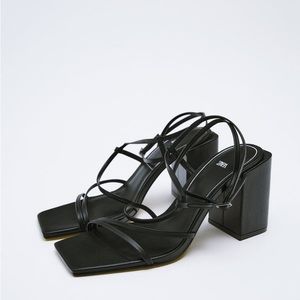 Zara Ankle Strap Sandals Heels with Square Toe, Size 6.5